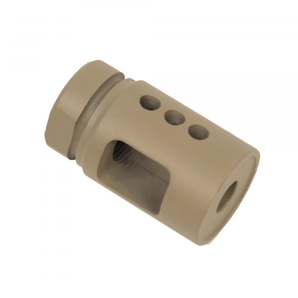 Tan muzzle brake and compensator for AR-15, reduces recoil and muzzle climb, tactical design.