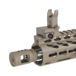 Close-up of tan AR-15 barrel with flash hider and skeletonized rail system in tactical FDE finish.