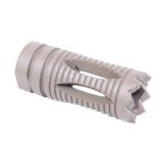 AR-15 muzzle device with threading, slots, prongs for flash suppression, and textured grip surface.