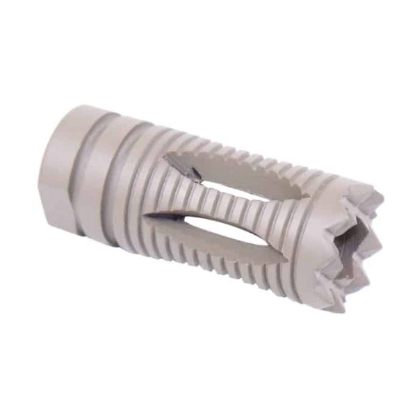 AR-15 muzzle device with threading, slots, prongs for flash suppression, and textured grip surface.