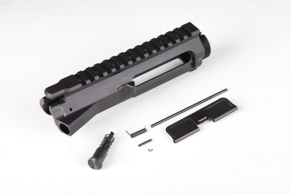 Disassembled AR-15 upper receiver kit with anodized black finish and Picatinny rail.