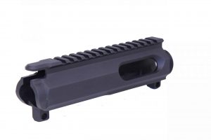 Black AR-15 9mm billet upper receiver with Picatinny rail, designed for modular firearm systems.