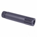 AR .308 caliber slip-over barrel shroud with multi-port muzzle brake in matte black finish.