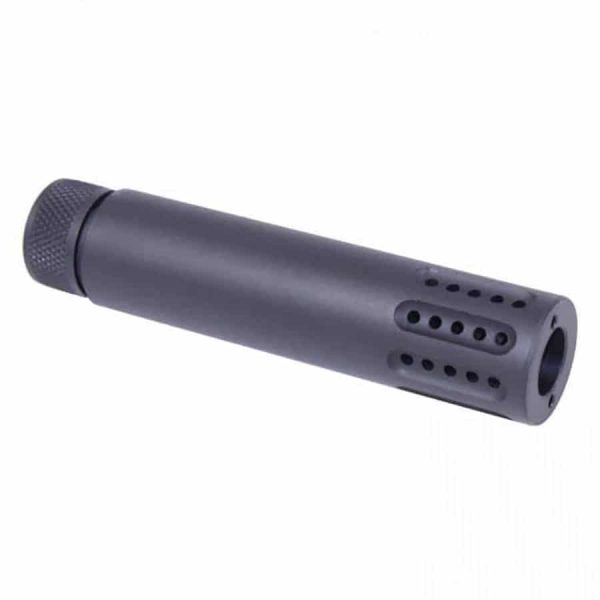 AR .308 caliber slip-over barrel shroud with multi-port muzzle brake in matte black finish.