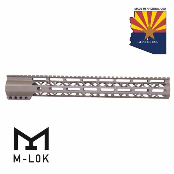 Guntec USA 15-inch M-LOK handguard in flat dark earth with Arizona logo.
