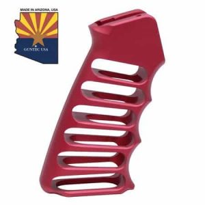 Arizona-made Guntec USA red aluminum skeletonized pistol grip for firearms.