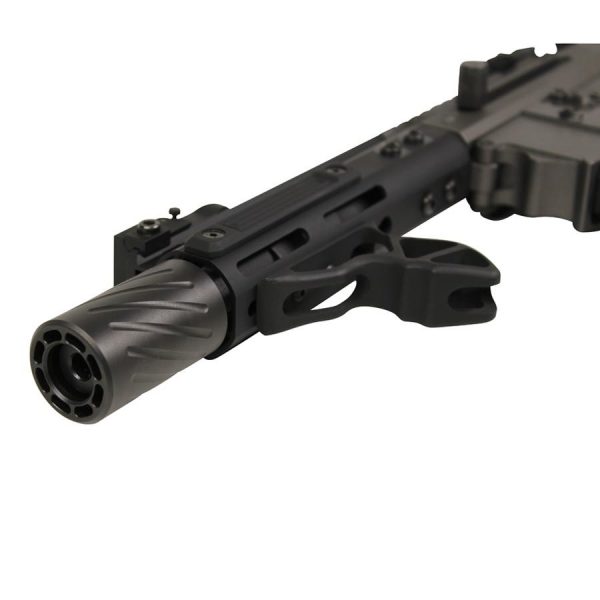 Close-up of a fluted rifle barrel showcasing spiral design and tactical features.