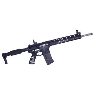 Sleek black AR-15 rifle with modular attachments and customizable features for tactical use.