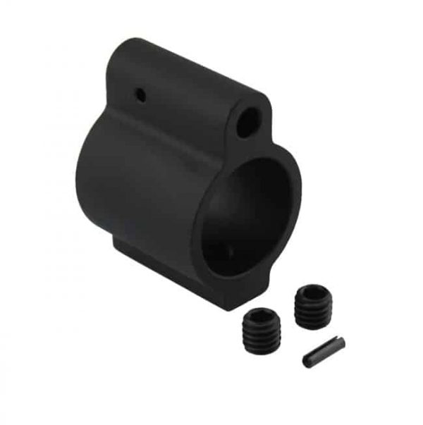 Black AR-15 low-profile gas block with set screws and roll pin for secure installation.