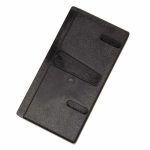Black leather wallet with multiple card slots on a white background.