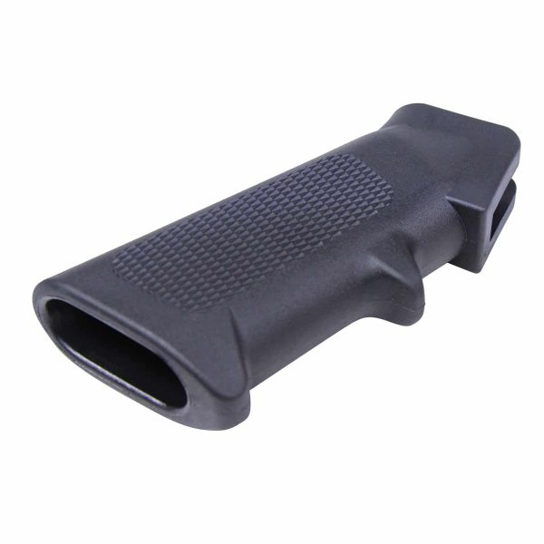 Ergonomic black polymer pistol grip with textured diamond pattern for enhanced control.