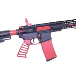Modern black and red AR-15 rifle with Cerakote finish, ergonomic grip, and tactical design.