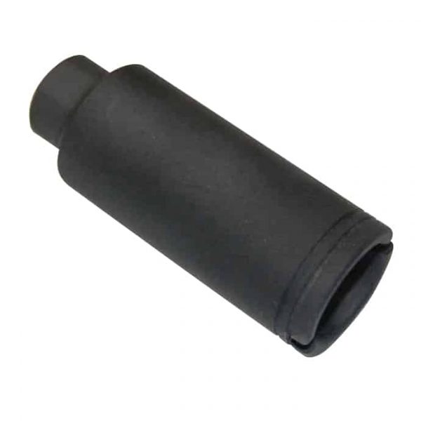 Matte black AR-15 suppressor with tapered design for sound reduction and pressure control.