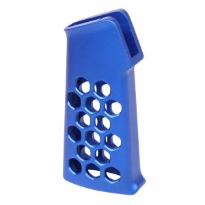 Blue skeletonized aluminum pistol grip with hexagonal perforations by Guntec USA.