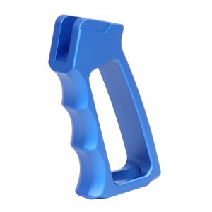 Blue anodized aluminum pistol grip, ergonomic design with finger grooves for comfort and stability.