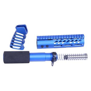 AR-15 Pistol Furniture Set in Anodized Blue with Tube, Spring, and Grip.