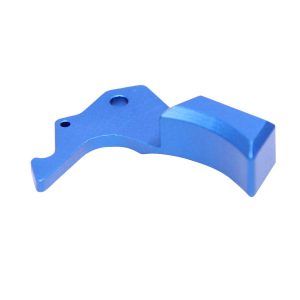 Bright blue anodized AR-15 Gen 5 ergonomic charging handle latch with mounting holes.