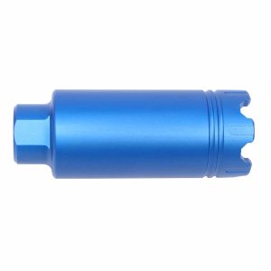 Blue AR-15 Trident Flash Can with Glass Breaker, precision-engineered in anodized aluminum.