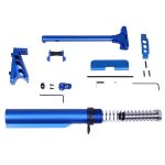 AR-15 blue anodized accessory kit parts displayed on white background.