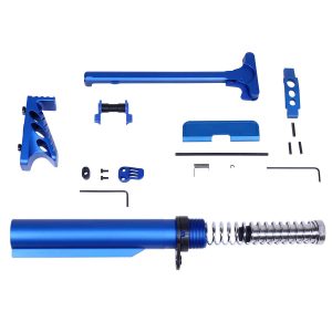 AR-15 blue anodized accessory kit parts displayed on white background.