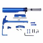AR-15 blue anodized essentials kit with parts and tools for assembly.