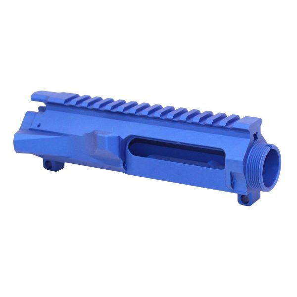 Bright blue AR-15 billet upper receiver with Picatinny rail and precise machining details.