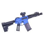 Custom blue AR-15 rifle with advanced optics and accessories.