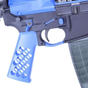 Close-up of custom blue AR-15 lower receiver with textured grip and translucent magazine.