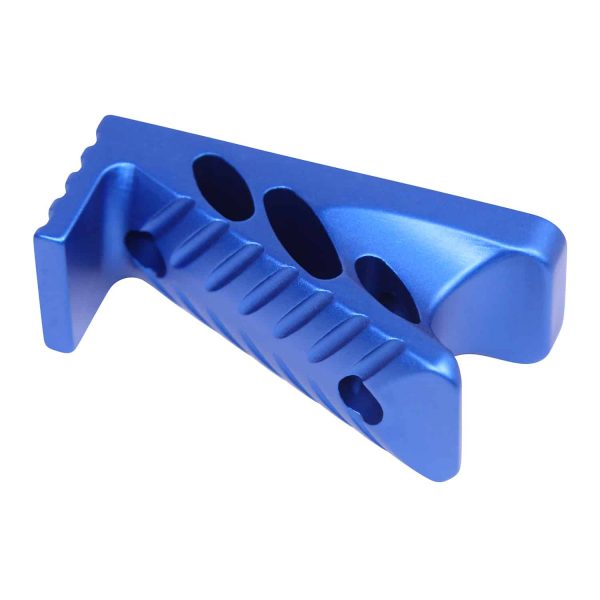 Blue anodized aluminum M-LOK Micro Angle Grip with ergonomic design and lightweight cutouts.