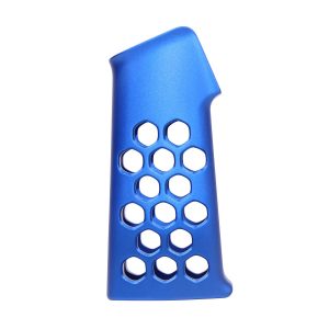 Blue anodized aluminum pistol grip with hexagonal cutouts for lightweight, ergonomic design.