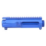 Bright blue anodized AR-15 billet upper receiver with picatinny rail and ejection port.