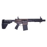 Bronze AR-style pistol-caliber carbine with black M-LOK handguard and stabilizing brace.