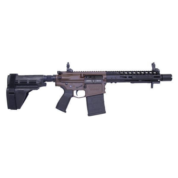 Bronze AR-style pistol-caliber carbine with black M-LOK handguard and stabilizing brace.