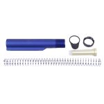 Anodized blue AR-15 buffer tube assembly: buffer, spring, castle nut for recoil management.