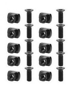 Black server rack cage nuts and screws kit, 10-piece set for secure equipment installation.