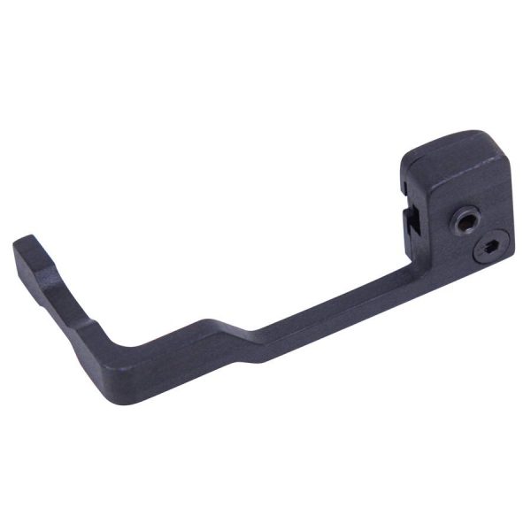 Black L-shaped camera mount bracket with threaded hole for stability and ergonomic handling.