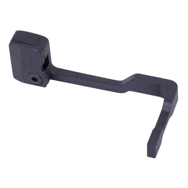 Matte black L-shaped thumb grip for camera stability, ergonomic design, solid metal build.