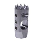 Precision-crafted stainless steel AR-15 muzzle brake with crown design and multiple gas ports.