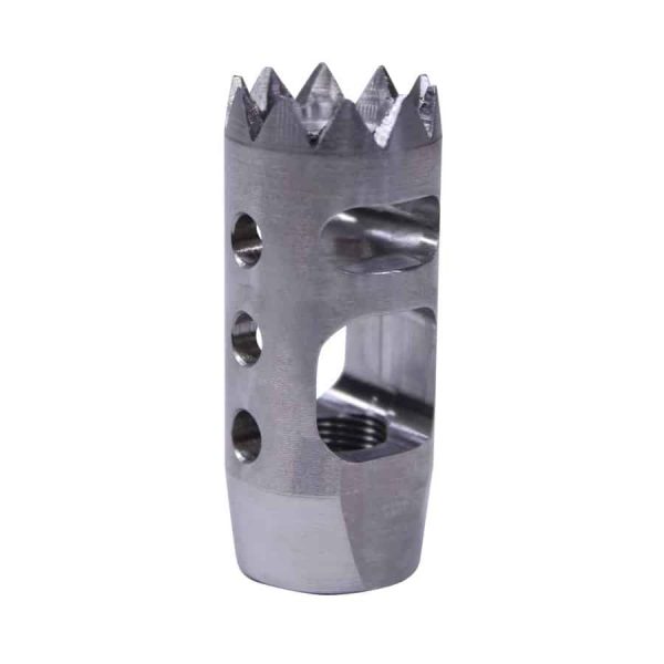 Precision-crafted stainless steel AR-15 muzzle brake with crown design and multiple gas ports.