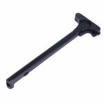 Black anodized AR-15 charging handle with T-shaped design and latch mechanism for tactical use.