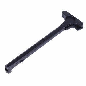 Black anodized AR-15 charging handle with T-shaped design and latch mechanism for tactical use.