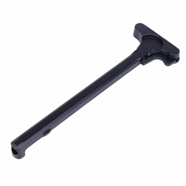 Black anodized AR-15 charging handle with T-shaped design and latch mechanism for tactical use.