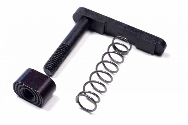 AR-15 Charging Handle Assembly with Latch Mechanism and Spring on White Background.