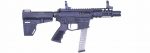 Modern compact submachine gun with tactical accessories and extended magazine on AR-style platform.