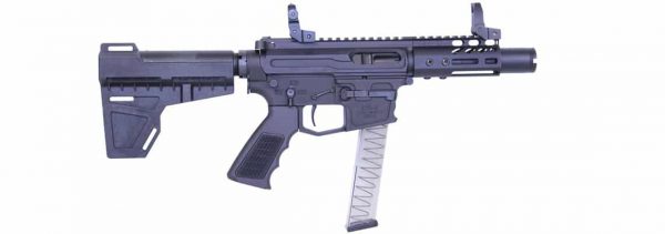 Modern compact submachine gun with tactical accessories and extended magazine on AR-style platform.