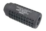 Compact matte black rifle suppressor with perforated design for noise reduction and gas dissipation.