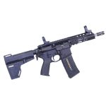 Modern black semi-automatic rifle with rail system, tactical stock, and compact design.