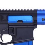 Close-up of AR-15 Gen 3 blue ejection port dust cover assembly.