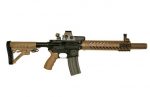 AR-15 with FDE fake suppressor and tactical upgrades on white background.