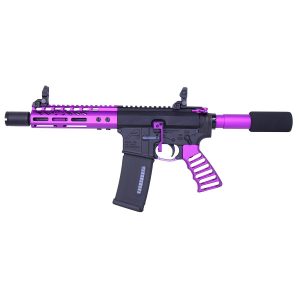 Custom AR-15 pistol in black and anodized purple with modern accessories.